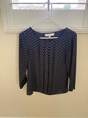 LOFT Navy and White Polka Dot Pleated Front Blouse